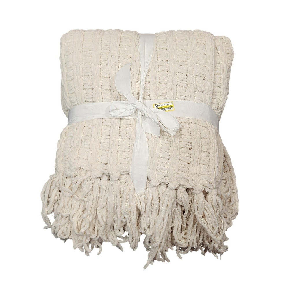 J&M Home Fashions Luxury Chenille Throw with Tassels Thick Loose Knit Cream